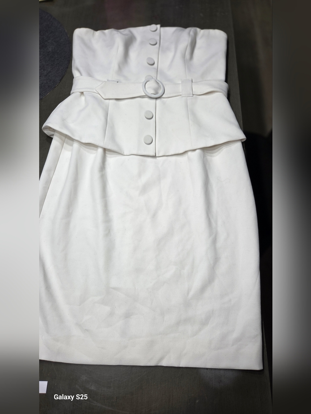 Black Halo Strapless White Peplum Dress with Belt